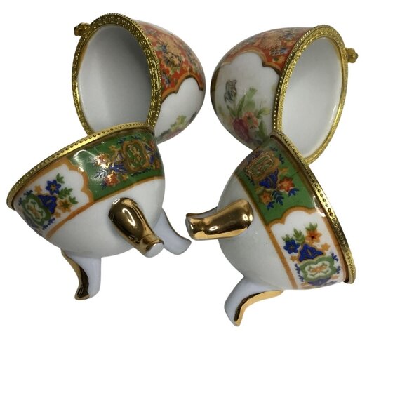 VTG Porcelain Egg Trinket Boxes Pair Floral Gilt Hinged Gold Tripod Stand 4" - Picture 2 of 10